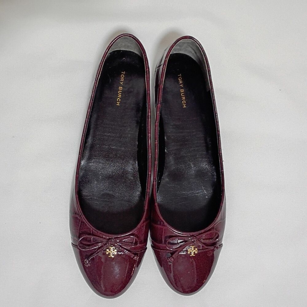 Tory Burch Cap Toe Ballet Flats Burgundy Patent Leather Croc Emboss Women's 10.5
